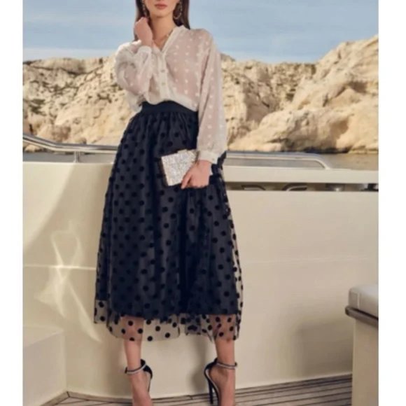 Polka Dot Hepburn Style Umbrella Mesh Skirt - 0931_WINE RED